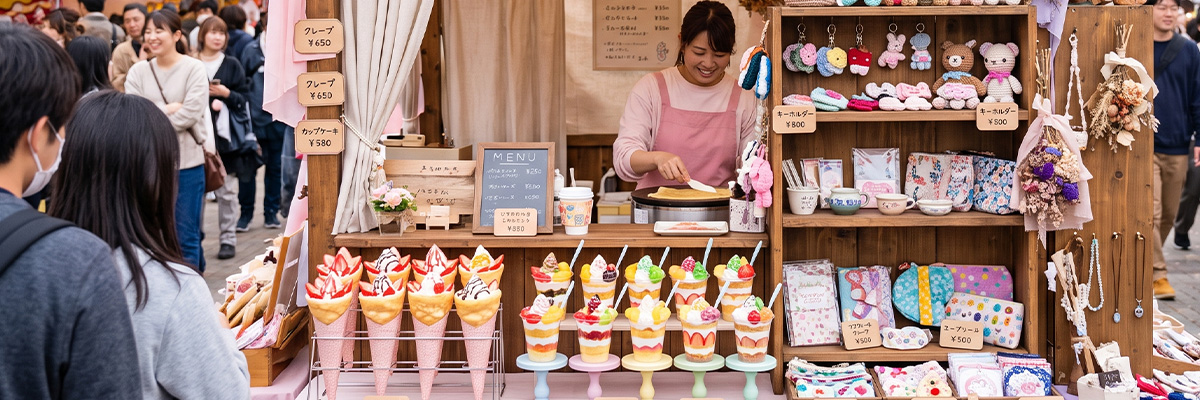 スイーツと雑貨が並ぶかわいらしい店舗ブース